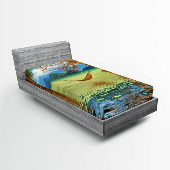 Ambesonne Beach Fitted Sheet, Trees in Tropical Land, Twin XL Size, Multicolor