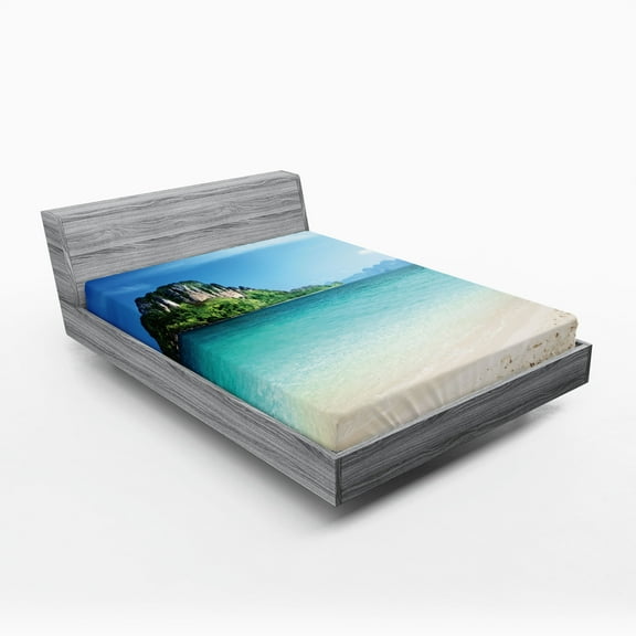 Ambesonne Beach Fitted Sheet, Tropic Island Scenery, Queen Size, Blue Cream Green