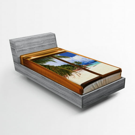 Ambesonne Beach Fitted Sheet, Tropical Exotic Seashore View, Twin XL Size, Amber Beige