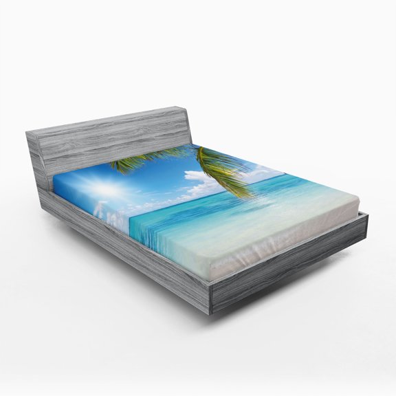 Ambesonne Beach Fitted Sheet, Tropical Seashore Palms, California King, Fern Green Sky Blue