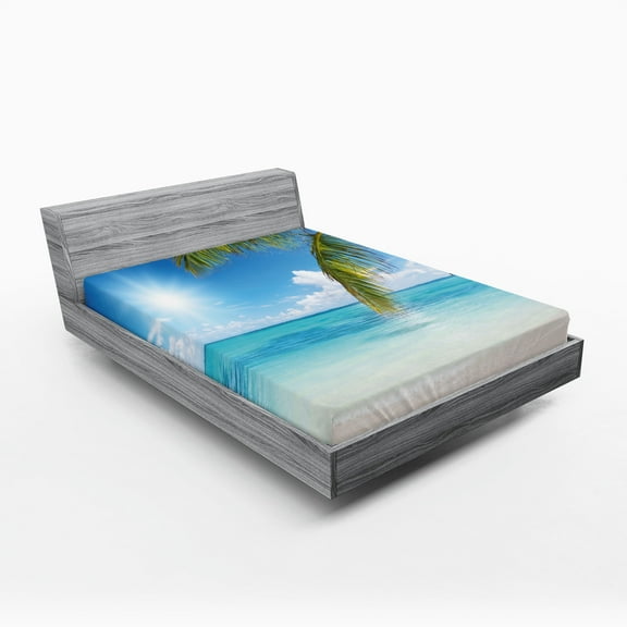 Ambesonne Beach Fitted Sheet, Tropical Seashore Palms, Full Size, Fern Green Sky Blue
