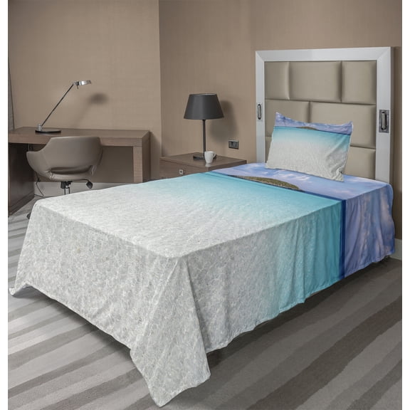Ambesonne Beach Fitted & Top Sheet Set with Sham, Carribean Ocean Island, Cream Turquoise