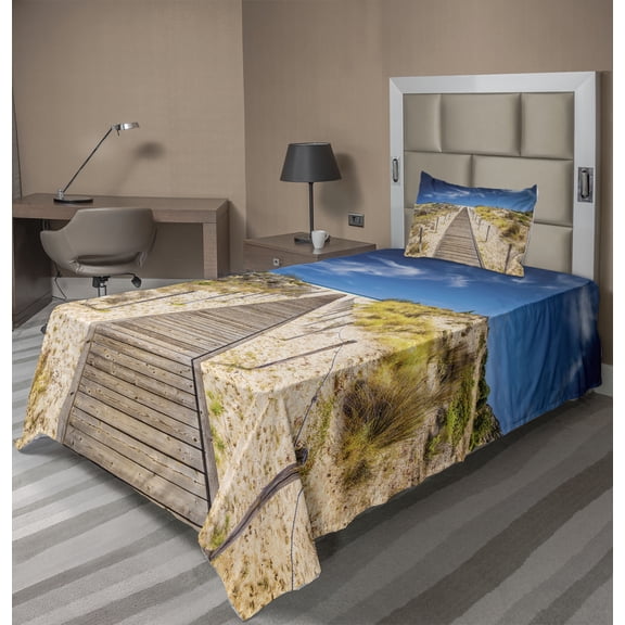 Ambesonne Beach Fitted & Top Sheet Set with Sham, Idyllic Tranquil Shore, Cream Blue