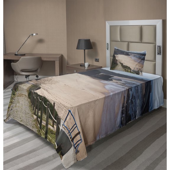 Ambesonne Beach Fitted & Top Sheet Set with Sham, Ocean Coastline Nature, Multicolor