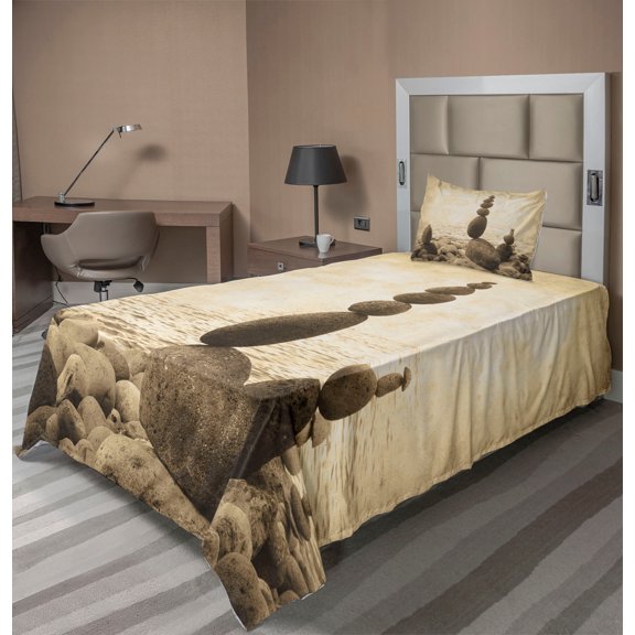 Ambesonne Beach Fitted & Top Sheet Set with Sham, Rocks Calm Sepia Art, Beige Brown