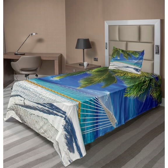Ambesonne Beach Fitted & Top Sheet Set with Sham, Sandy Palm Coconut Sea, Cream Navy Green