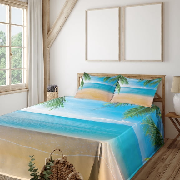 Ambesonne Beach Fitted & Top Sheet Set with Shams, Exotic Lagoon Sand Ocean, Sand Brown Sky Blue