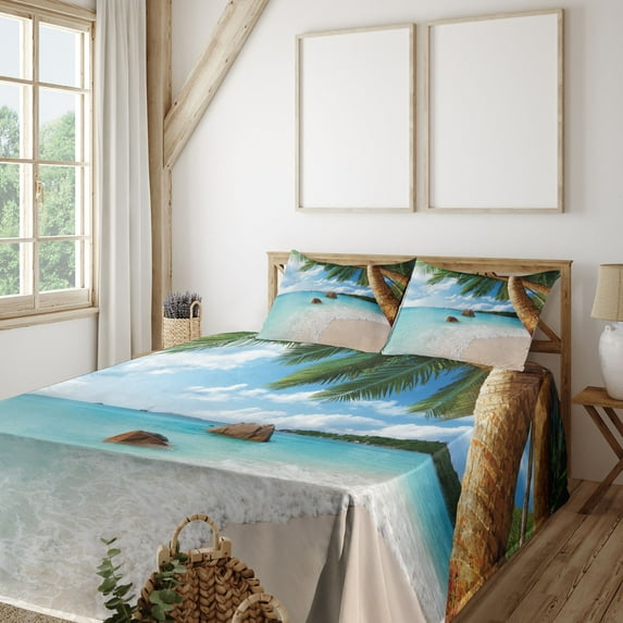 Ambesonne Beach Fitted & Top Sheet Set with Shams, Exotic Palm Tree Ocean, Multicolor