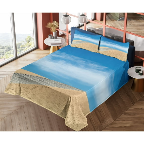 Ambesonne Beach Fitted & Top Sheet Set with Shams, Path over Golden Sand, Cream Blue
