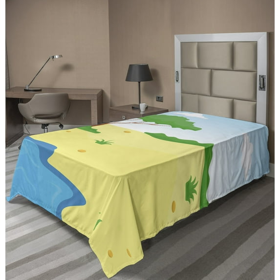 Ambesonne Beach Flat Sheet, Cartoon Style Little Pond, Twin Size, Multicolor