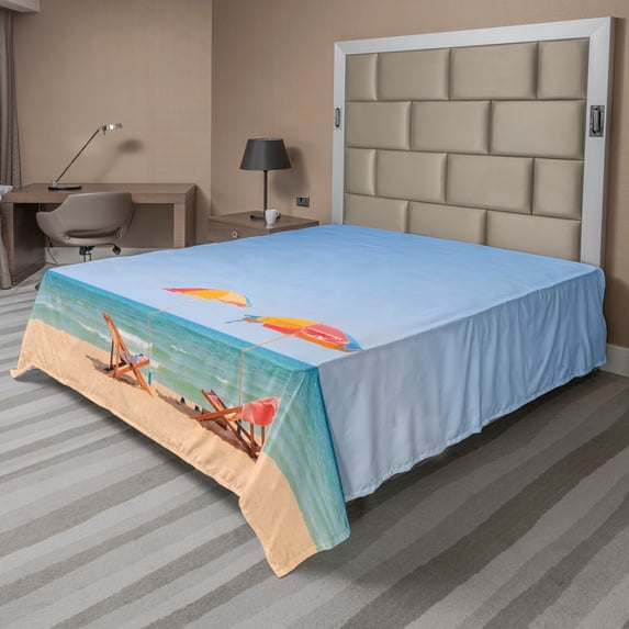 Ambesonne Beach Flat Sheet, Chair Umbrella Relaxing, California King, Turquoise Beige