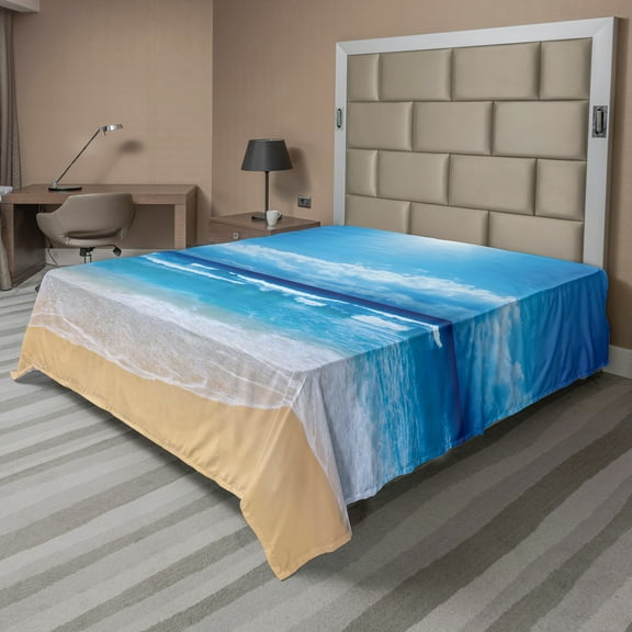 Ambesonne Beach Flat Sheet, Cloudy Sky in Sea Summer, Full Size, Sand Brown Blue