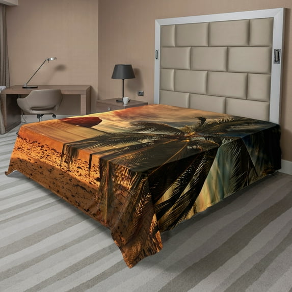 Ambesonne Beach Flat Sheet, Havana Seashore Sunny, King Size, Dark Green Pale Brown