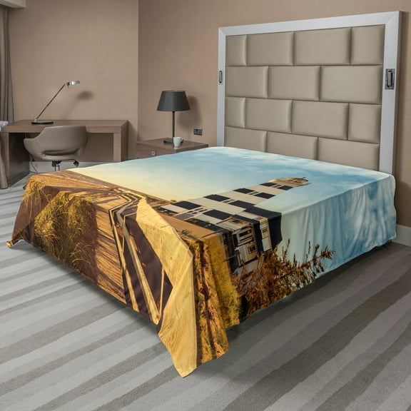 Ambesonne Beach Flat Sheet, Lighthouse Sea Waves, King Size, Multicolor