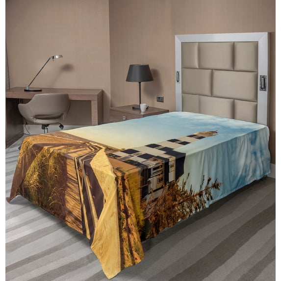 Ambesonne Beach Flat Sheet, Lighthouse Sea Waves, TwinXL Size, Multicolor