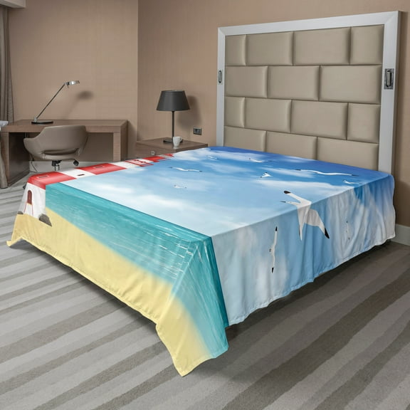 Ambesonne Beach Flat Sheet, Lighthouse Seagulls Ocean, California King, Vermilion Blue