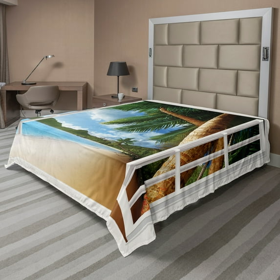 Ambesonne Beach Flat Sheet, Nautical Sand Landscape, Queen Size, Green Ivory Blue