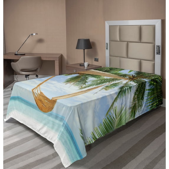 Ambesonne Beach Flat Sheet, Ocean Sandy Shore Palm, Twin Size, Green Cream Blue