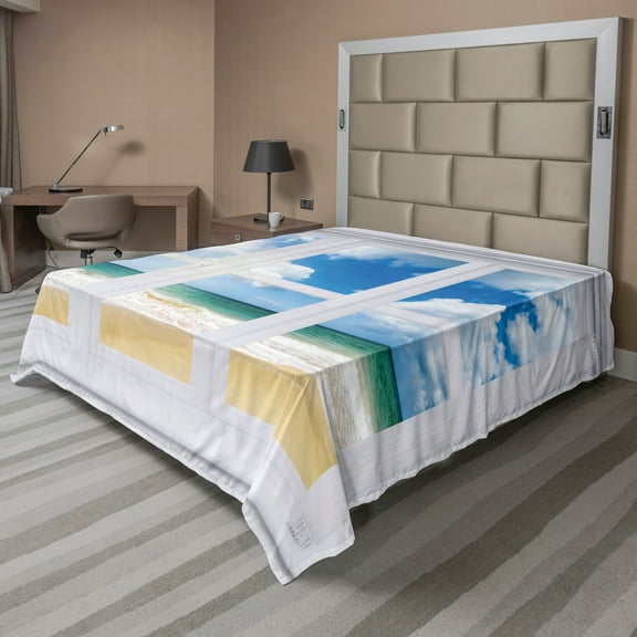 Ambesonne Beach Flat Sheet, Ocean View Vivid Sun, California King, Blue Teal Sand Brown