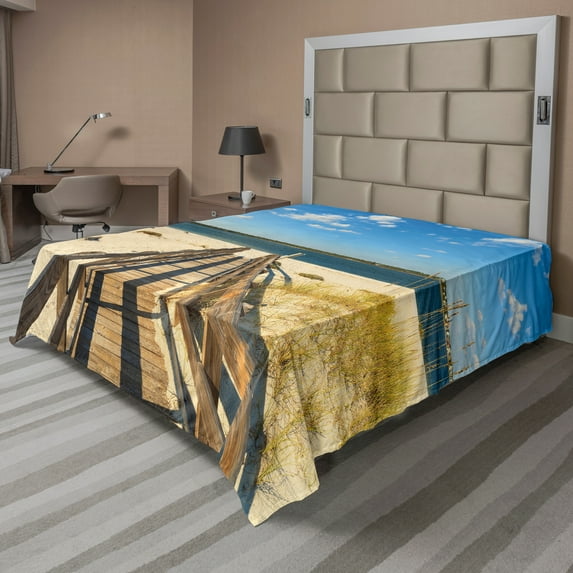 Ambesonne Beach Flat Sheet, Perdido Beach Long Pier, King Size, Cream Blue