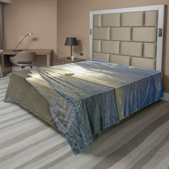 Ambesonne Beach Flat Sheet, Sailing Shipt Sunset, Queen Size, Blue Beige White