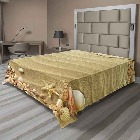 Ambesonne Beach Flat Sheet, Sand with Sea Shells, Queen Size, Sand Brown Coral