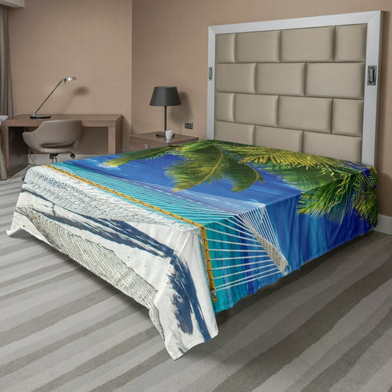 Ambesonne Beach Flat Sheet, Sandy Palm Coconut Sea, California King, Cream Navy Green