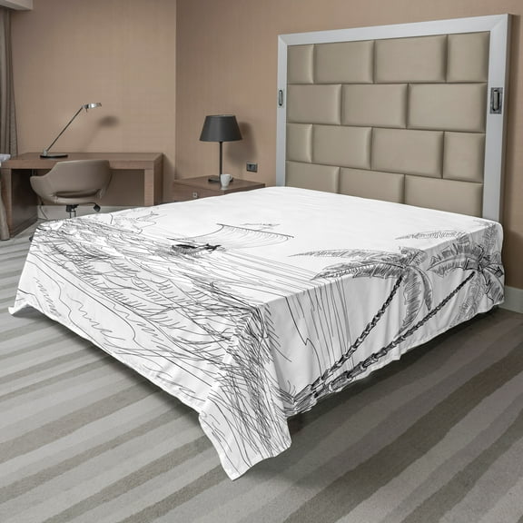 Ambesonne Beach Flat Sheet, Sketch with Boat Palms, King Size, Black and White