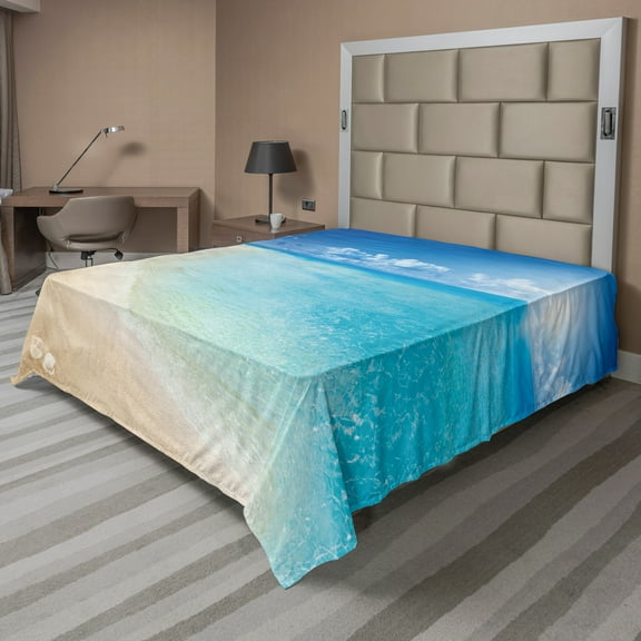 Ambesonne Beach Flat Sheet, Sunny Seashore and Shells, California King, Aqua Cream Blue