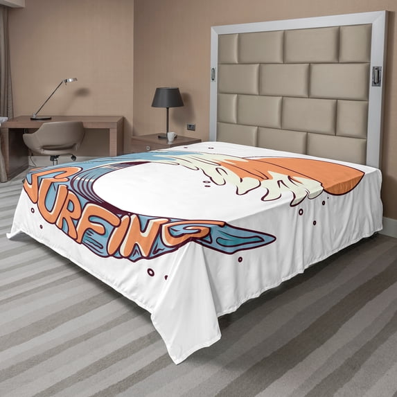 Ambesonne Beach Flat Sheet, Surfing Giant Ocean Wave Art, Queen Size, Peach Blue