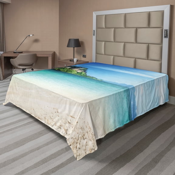 Ambesonne Beach Flat Sheet, Tropic Island Scenery, King Size, Blue Cream Green