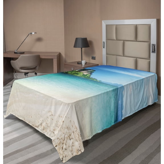Ambesonne Beach Flat Sheet, Tropic Island Scenery, TwinXL Size, Blue Cream Green
