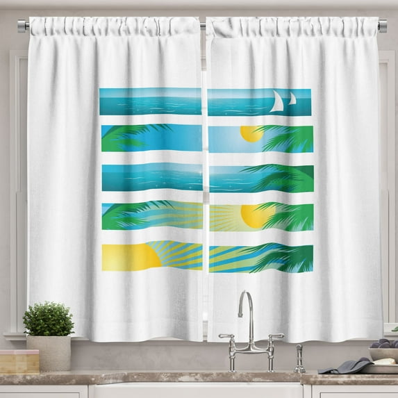 Ambesonne Beach Kitchen Curtains, Banner Stripes Exotic, 55"x45", Blue Yellow Green