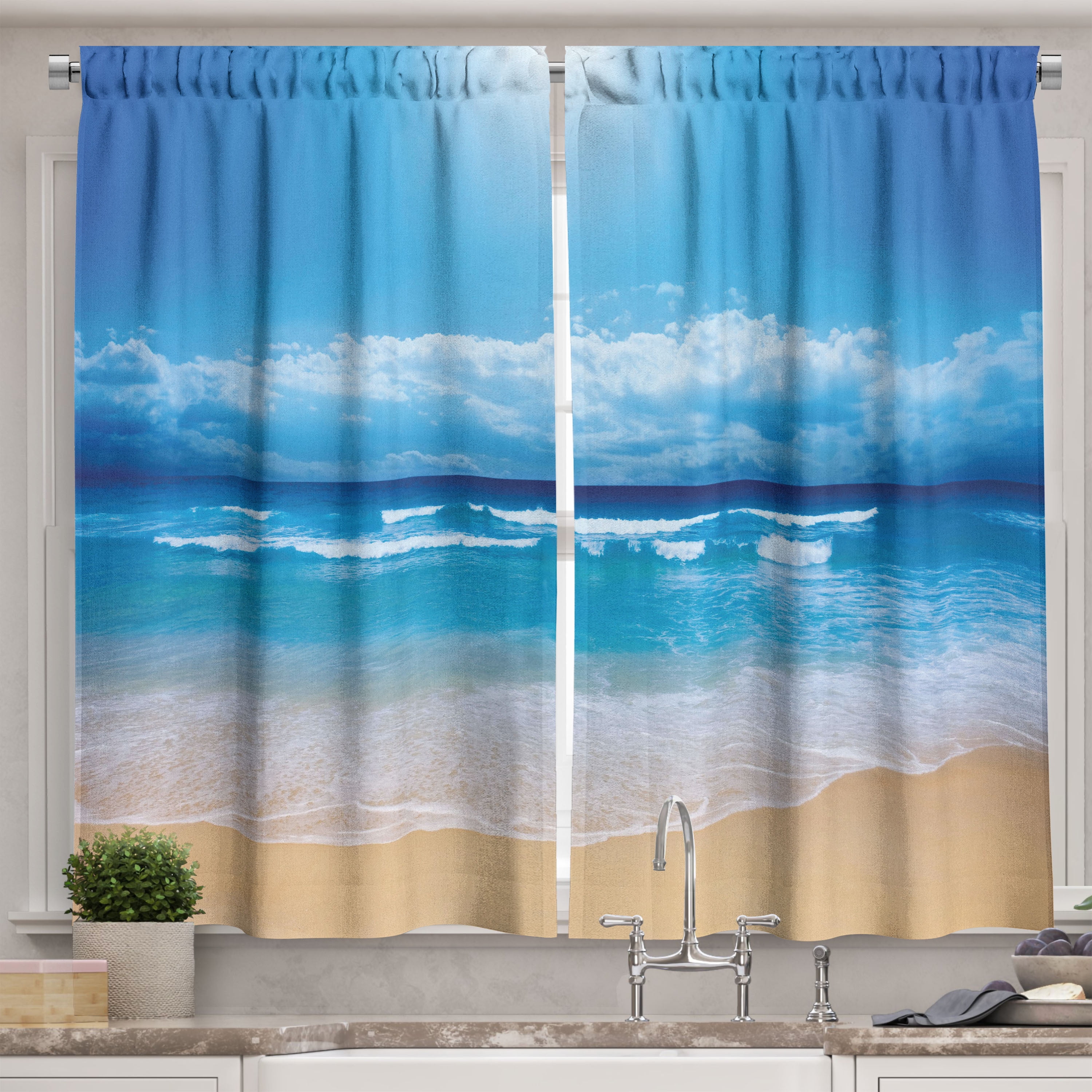 Ambesonne Beach Kitchen Curtains, Cloudy Sky in Sea Summer, 55