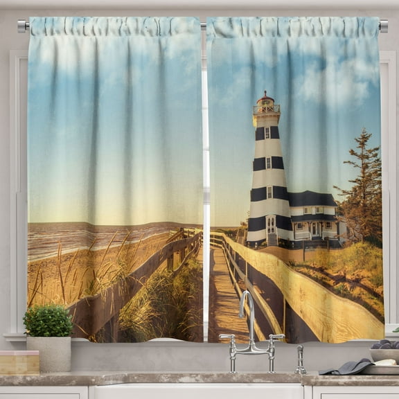 Ambesonne Beach Kitchen Curtains, Lighthouse Sea Waves, 55"x30", Multicolor