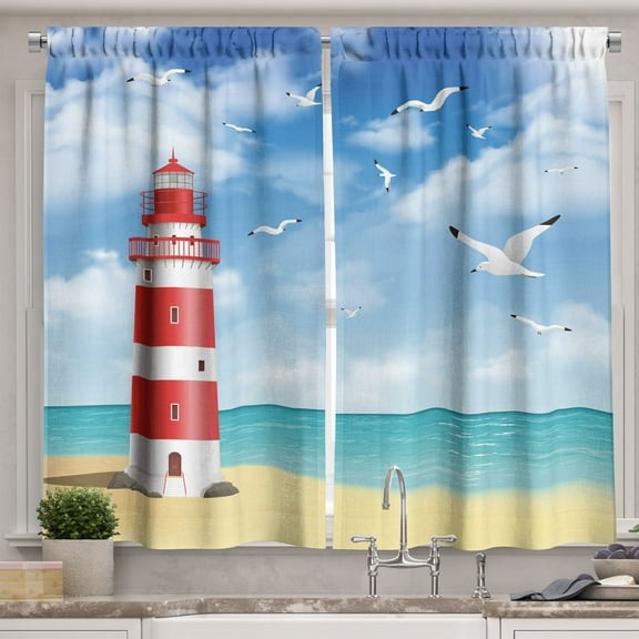 Ambesonne Beach Kitchen Curtains, Lighthouse Seagulls Ocean, 55"x39", Vermilion Blue
