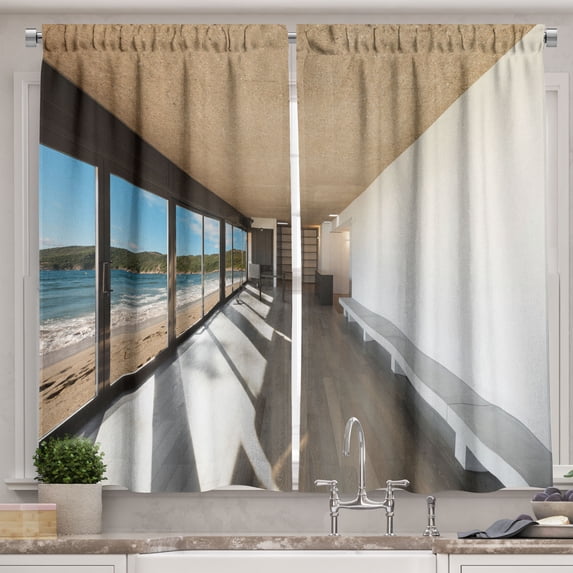Ambesonne Beach Kitchen Curtains, Ocean Sea Waves Sand View, 55"x39", Pale Brown Sky Blue