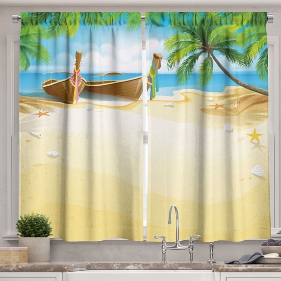 Ambesonne Beach Kitchen Curtains, Paradise Island Tropical, 55"x39", Multicolor