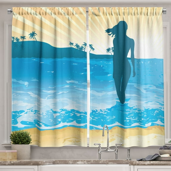 Ambesonne Beach Kitchen Curtains, Sea Shore Ocean Summer, 55"x45", Slate Blue Sky Blue