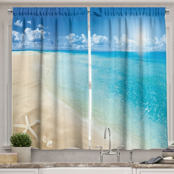 Ambesonne Beach Kitchen Curtains, Sunny Seashore and Shells, 55"x45", Aqua Cream Blue