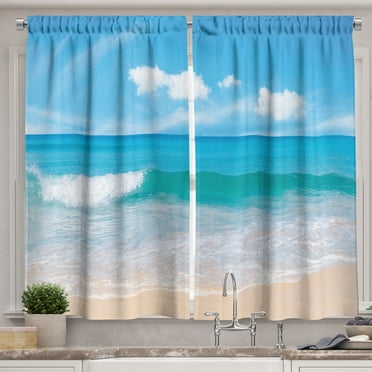 Ambesonne Beach Kitchen Curtains, Tropical Seaside Scene Print, 55"x36", Deep Sky Blue Pale Peach