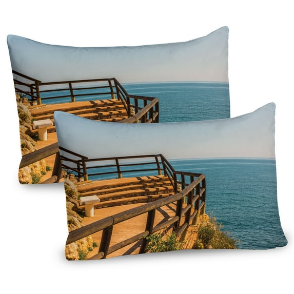 Ambesonne Beach Pathway Pillow Sham 2 Pack, Promenade Sea Coast, 30"x20", Blue Brown Orange