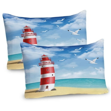 Ambesonne Beach Pillow Sham 2 Pack, Lighthouse Seagulls Ocean, 30"x20", Vermilion Blue