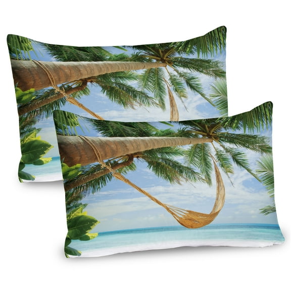 Ambesonne Beach Pillow Sham 2 Pack, Ocean Sandy Shore Palm, 26"x20", Green Cream Blue