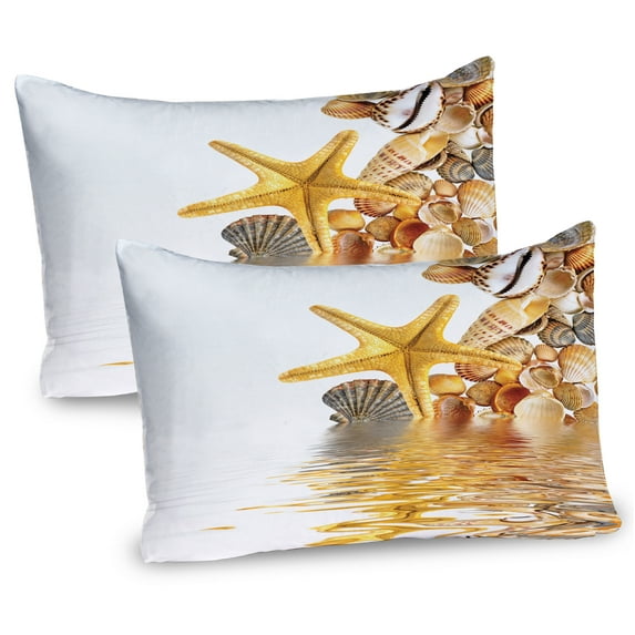 Ambesonne Beach Pillow Sham 2 Pack, Sea Shells and Starfish, 26"x20", Earth Yellow Cream