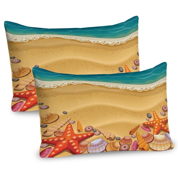 Ambesonne Beach Pillow Sham 2 Pack, Seashell on Shore Cartoon, 26"x20", Sand Brown Orange Teal