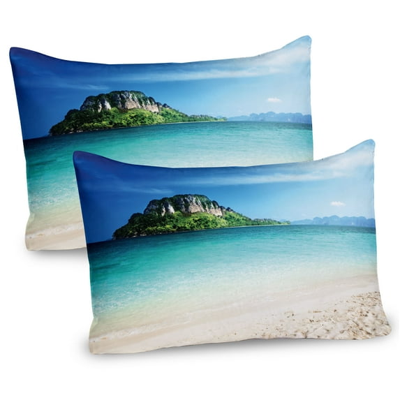 Ambesonne Beach Pillow Sham 2 Pack, Tropic Island Scenery, 30"x20", Blue Cream Green