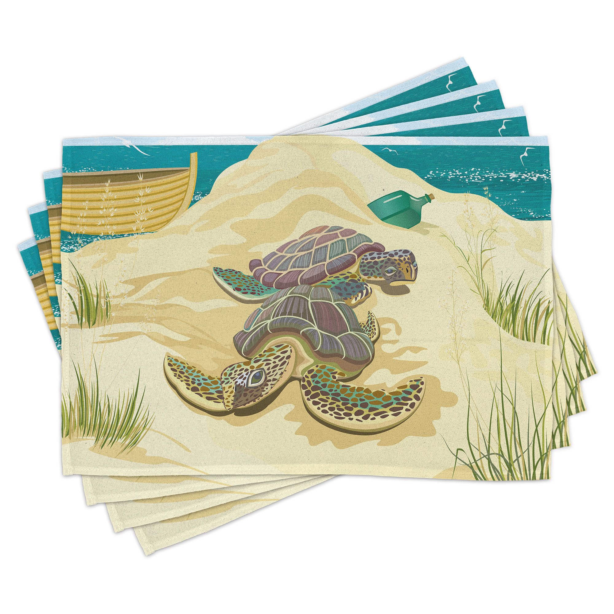 Ambesonne Beach Place Mats Set of 4, Sea Turtles Sand Boat, Standard ...