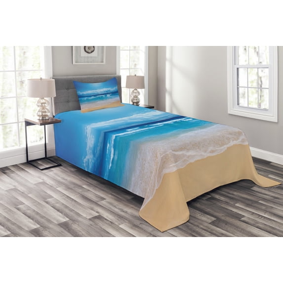 Ambesonne Beach Quilted Bedspread Set 2 Pcs, Cloudy Sky in Sea Summer, Twin Size, Sand Brown Blue