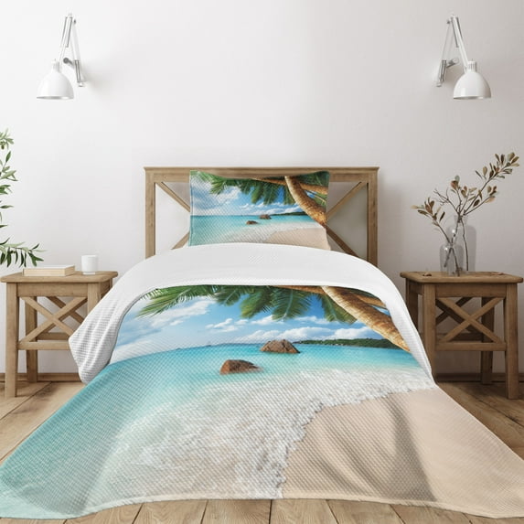 Ambesonne Beach Quilted Bedspread Set 2 Pcs, Exotic Palm Tree Ocean, Twin Size, Multicolor